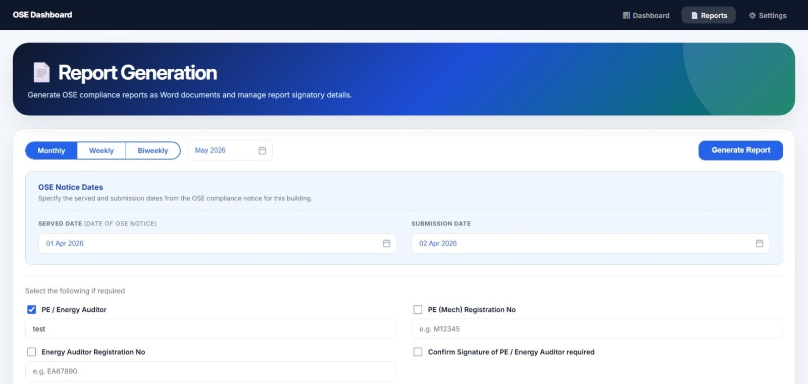 OSE report generation screen